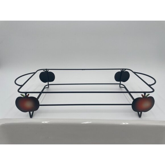 Vintage Ceramic Baking Dish With Rustic Apple Pattern & Metal Holder - Picture 3 of 5